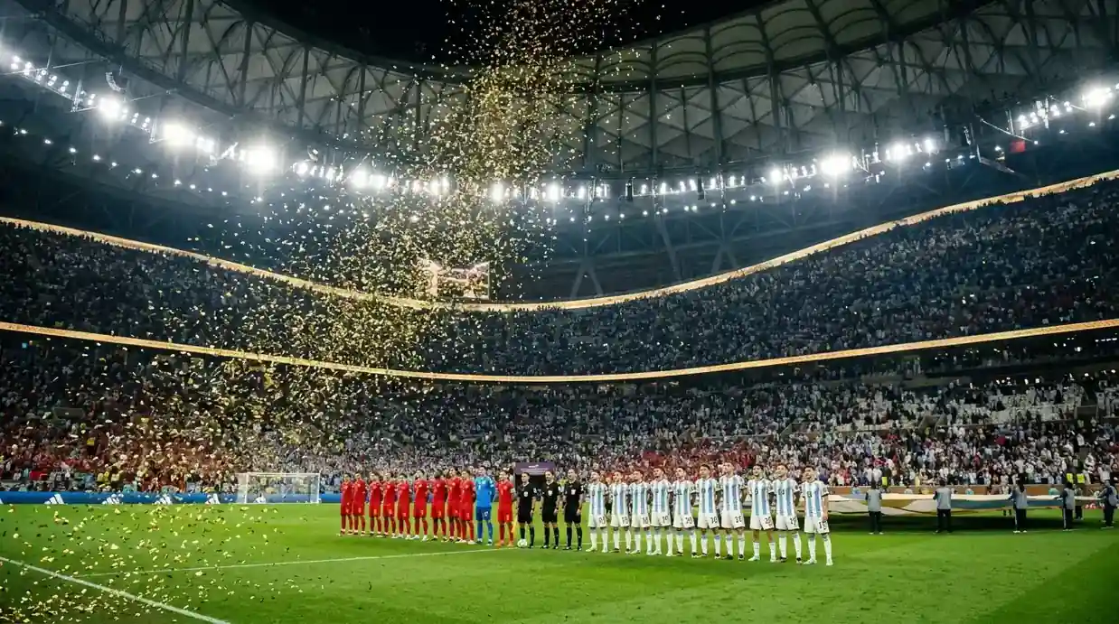Kaksi joukkuetta rivissä ennen finaalin alkua täydellä stadionilla, kultaista konfettia ilmassa