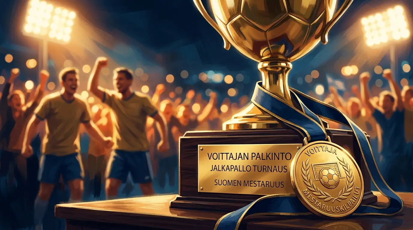 Palkintopokaali ja mitali lähikuvassa stadionin valojen loisteessa, taustalla sumea juhliva yleisö