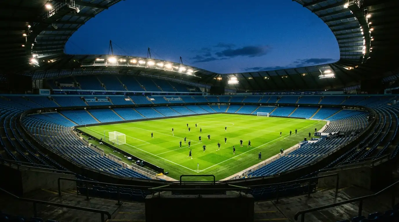 Jalkapallostadion iltahämärässä valot päällä ennen ottelua