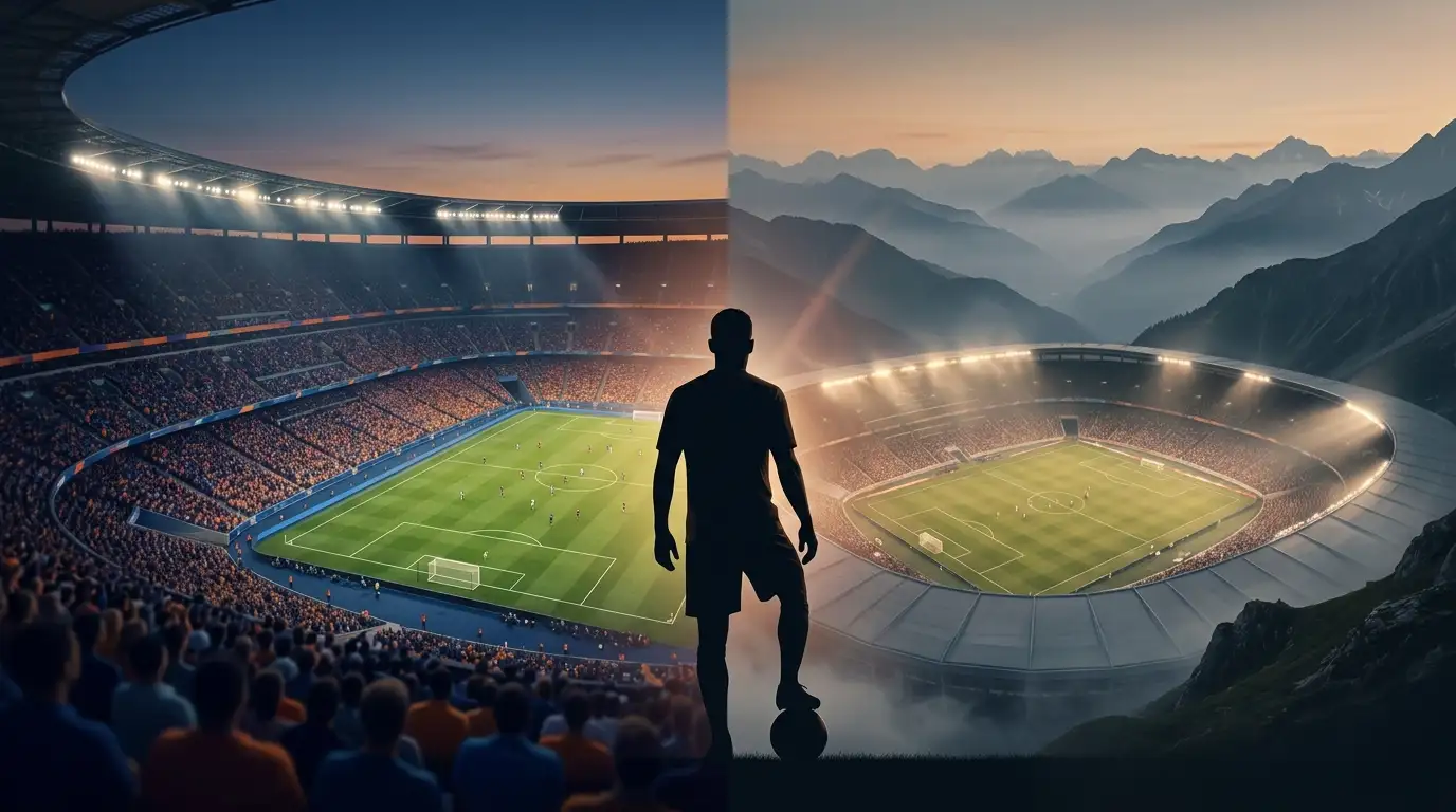 Kaksi jalkapallostadionia iltavalaistuksessa ennen pudotuspeliottelua